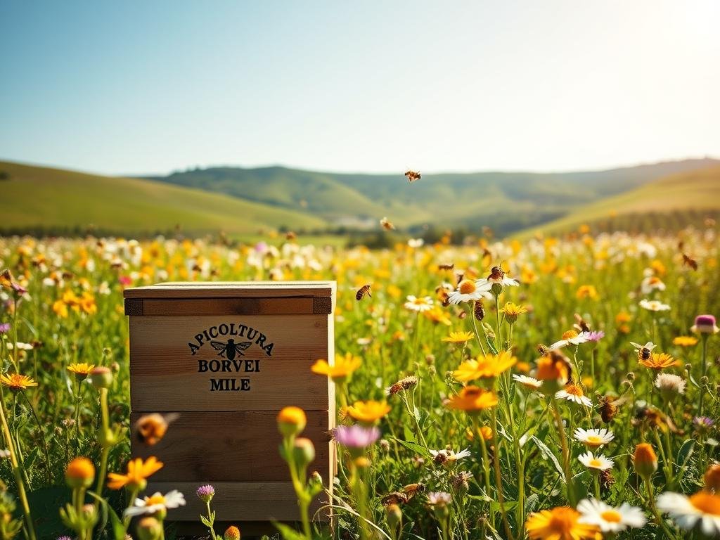 A lush, sun-dappled meadow filled with vibrant wildflowers and buzzing honeybees. In the foreground, a wooden beehive emblazoned with the logo "APICOLTURA BORVEI MIELE" stands as a testament to the industrious pollinators. The middle ground showcases the bees in action, delicately transferring pollen from bloom to bloom. In the background, a verdant landscape unfolds, with rolling hills and a clear blue sky overhead. The scene is bathed in warm, golden light, capturing the essence of the honeybee's vital role in the ecosystem. A sense of harmony and naturalistic wonder permeates the image, perfectly reflecting the article's focus on the importance of bees in pollination and honey production.