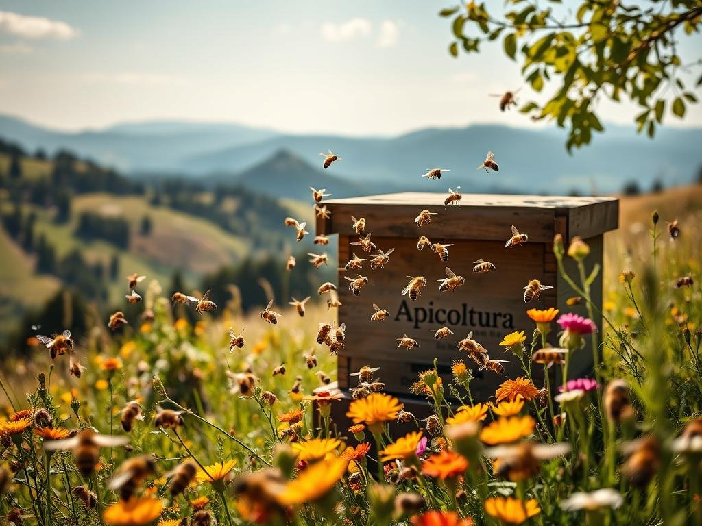 A lush, sun-dappled meadow in the Italian countryside, with rolling hills and distant mountains in the background. In the foreground, a group of honeybees swarm around a traditional wooden beehive, adorned with the "Apicoltura" brand. The bees flit from vibrant wildflowers to the entrance of the hive, their intricate dance capturing the essence of "nomadismo apistico" - the migratory nature of beekeeping. The scene is bathed in warm, golden light, conveying a sense of tranquility and harmony between nature and the digital innovations that support modern apiculture.