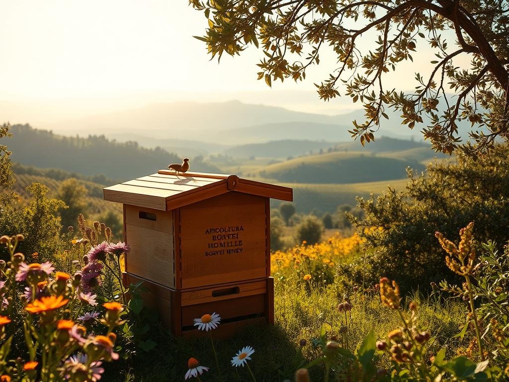 A lush, sun-drenched Italian countryside scene, featuring a prominent wooden beehive in the foreground, surrounded by vibrant wildflowers and lush foliage. In the background, rolling hills dotted with olive trees and vineyards stretch towards a hazy horizon. Soft, warm lighting illuminates the scene, casting a golden glow over the APICOLTURA BORVEI MIELE beehive. The overall atmosphere conveys the unique, natural qualities of premium Italian honey.