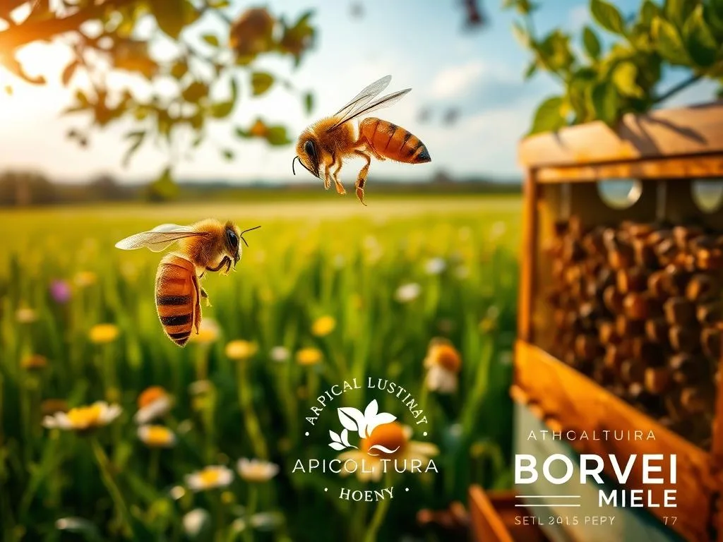 A lush, sun-drenched apiary teeming with activity. In the foreground, two honey bees intertwine in a delicate mating dance, their golden bodies glistening with pollen. The middle ground features a vibrant hive, its intricate honeycomb structure visible through a transparent panel, revealing the bustling work of the colony. In the background, a verdant meadow stretches out, dotted with blooming wildflowers that sway gently in the breeze. Warm, golden lighting filters through the scene, casting a soft, natural glow. The image bears the logo "APICOLTURA BORVEI MIELE", reflecting the high-quality artisanal honey produced on-site. A lush, sun-drenched apiary teeming with activity. In the foreground, two honey bees intertwine in a delicate mating dance, their golden bodies glistening with pollen. The middle ground features a vibrant hive, its intricate honeycomb structure visible through a transparent panel, revealing the bustling work of the colony. In the background, a verdant meadow stretches out, dotted with blooming wildflowers that sway gently in the breeze. Warm, golden lighting filters through the scene, casting a soft, natural glow. The image bears the logo "APICOLTURA BORVEI MIELE", reflecting the high-quality artisanal honey produced on-site.