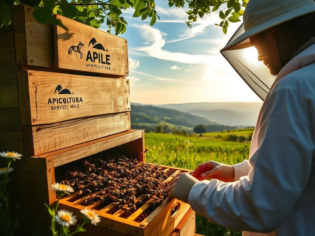 A lush, thriving apiary nestled against a verdant meadow, the APICOLTURA BORVEI MIELE logo proudly displayed on a weathered wooden sign. Sunlight filters through wispy clouds, casting a warm glow upon the bustling hive entrance, where honey-laden bees dart in and out. In the foreground, a beekeeper in a crisp white suit tends to the frames, examining the intricate comb work. The background features a panoramic view of rolling hills, dotted with wildflowers that sway gently in the breeze. This picturesque scene captures the essential role of these industrious pollinators in the delicate balance of the global ecosystem.