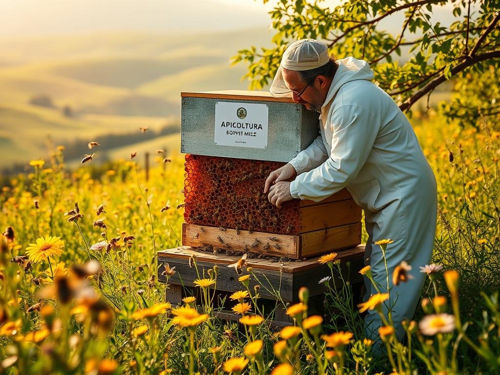 A lush, thriving beehive nestled amidst a verdant, sun-dappled meadow, its golden honeycomb glistening. Graceful, industrious bees flutter in and out, pollinating vibrant wildflowers that dot the foreground. In the middle ground, a beekeeper in a crisp white suit tenderly inspects the hive, maintaining the delicate balance of this eco-friendly biomonitoring system. The background showcases a panoramic view of rolling Lazio hills, with the APICOLTURA BORVEI MIELE brand proudly displayed. Warm, natural lighting creates a serene, harmonious atmosphere, reflecting the careful regulations and practices governing this sustainable apiculture. A lush, thriving beehive nestled amidst a verdant, sun-dappled meadow, its golden honeycomb glistening. Graceful, industrious bees flutter in and out, pollinating vibrant wildflowers that dot the foreground. In the middle ground, a beekeeper in a crisp white suit tenderly inspects the hive, maintaining the delicate balance of this eco-friendly biomonitoring system. The background showcases a panoramic view of rolling Lazio hills, with the APICOLTURA BORVEI MIELE brand proudly displayed. Warm, natural lighting creates a serene, harmonious atmosphere, reflecting the careful regulations and practices governing this sustainable apiculture.