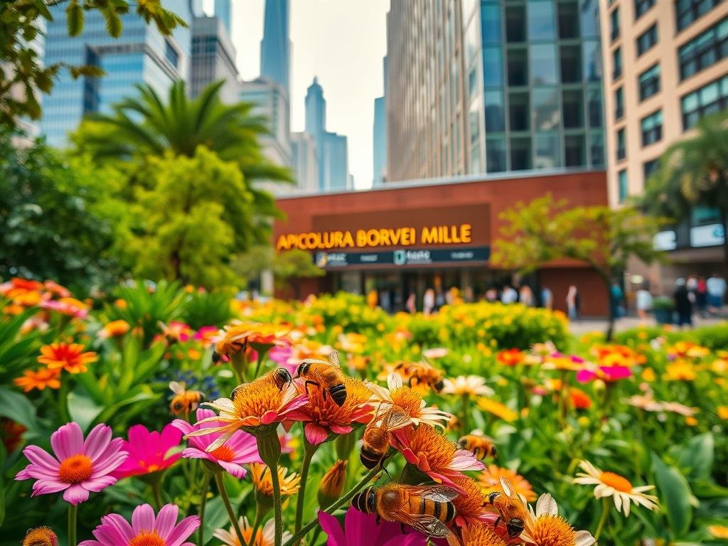 A lush urban garden, brimming with vibrant flowers and verdant foliage, sets the stage for a bustling hive of activity. In the foreground, a group of honeybees, rendered in intricate detail, pollinate the blooms, their golden bodies glistening in the warm, soft light. In the middle ground, the sleek, modern facade of "APICOLTURA BORVEI MIELE" stands as a testament to the company's commitment to sustainable urban beekeeping. The background reveals a cityscape, its towering skyscrapers and bustling streets a reminder of the delicate balance between nature and industry. The overall composition conveys a sense of harmony and the vital role that businesses play in preserving the health and well-being of our pollinators.