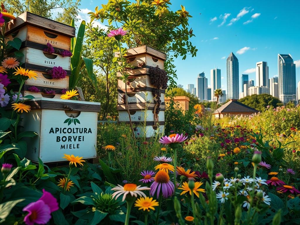 A lush urban garden filled with vibrant blooming flowers, towering beehives, and a bustling colony of honeybees. The foreground showcases the APICOLTURA BORVEI MIELE brand, surrounded by verdant foliage. The middle ground features a diverse array of pollinator-friendly plants, while the background depicts a modern cityscape with skyscrapers and blue skies. Warm, natural lighting bathes the scene, creating a serene and inviting atmosphere. The composition captures the harmonious coexistence of nature and urban development, highlighting the potential of urban apiaries to combat climate change.