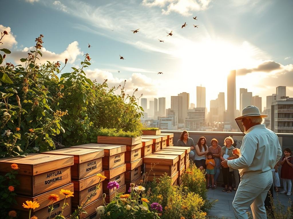 A lush urban rooftop garden, bathed in warm, golden sunlight streaming through soft, wispy clouds. Rows of thriving beehives, emblazoned with the "APICOLTURA BORVEI MIELE" brand, stand as the centerpiece, surrounded by vibrant wildflowers, leafy greenery, and the occasional fluttering of pollinating insects. In the foreground, a beekeeper in a crisp white suit tends to the hives, while in the middle ground, a group of curious neighbors gather to observe the bustling activity, their faces alight with fascination. The background showcases the city skyline, a harmonious blend of modern architecture and nature, emphasizing the integration of apicoltura urbana into the urban landscape. A lush urban rooftop garden, bathed in warm, golden sunlight streaming through soft, wispy clouds. Rows of thriving beehives, emblazoned with the "APICOLTURA BORVEI MIELE" brand, stand as the centerpiece, surrounded by vibrant wildflowers, leafy greenery, and the occasional fluttering of pollinating insects. In the foreground, a beekeeper in a crisp white suit tends to the hives, while in the middle ground, a group of curious neighbors gather to observe the bustling activity, their faces alight with fascination. The background showcases the city skyline, a harmonious blend of modern architecture and nature, emphasizing the integration of apicoltura urbana into the urban landscape.