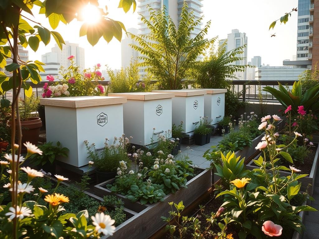 A lush urban rooftop garden, filled with blooming flowers and verdant foliage. In the center, a set of modern, minimalist beehives adorned with the APICOLTURA BORVEI MIELE logo. Sunlight filters through the leaves, casting warm, diffused lighting across the scene. Carefully tended raised beds and potted plants create a serene, harmonious atmosphere. Bees dart among the blossoms, their gentle hum adding to the tranquil ambiance. The image captures the vibrant, sustainable nature of urban apicolture, inviting the viewer to discover the joys of small-space beekeeping.