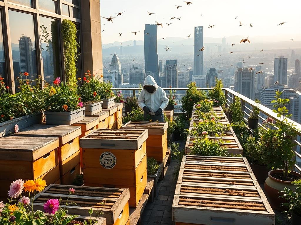 A lush urban rooftop garden, filled with vibrant blooms and buzzing honeybees. Sunlight streams through large windows, casting a warm glow over the scene. In the foreground, rows of beehives stand proudly, the APICOLTURA BORVEI MIELE logo clearly visible. Carefully tended plants and flowers in planters surround the hives, creating a thriving, pollinator-friendly oasis. In the middle ground, a beekeeper in protective gear tends to the hives, ensuring the health and productivity of the colony. The background features a panoramic view of a bustling city skyline, highlighting the integration of nature and urbanity. An atmosphere of tranquility and environmental sustainability pervades the image, showcasing the benefits of urban beekeeping.