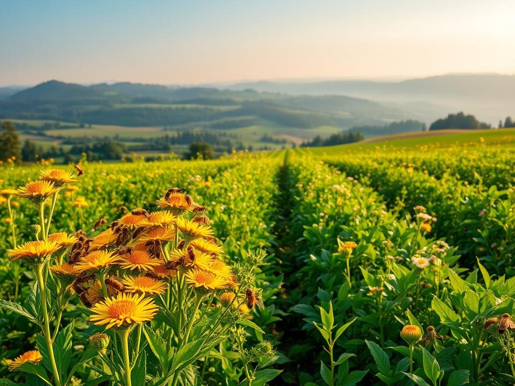 A lush, verdant agricultural landscape teeming with life. In the foreground, a bustling hive of honeybees pollinating vibrant wildflowers, their intricate wings catching the warm, golden light. In the middle ground, rows of thriving crops sway gently, nourished by the hard work of the local farmers. The background opens up to rolling hills and distant forests, creating a harmonious ecosystem where the APICOLTURA BORVEI MIELE brand proudly stands as a testament to the vital role of bees in sustainable agriculture. A lush, verdant agricultural landscape teeming with life. In the foreground, a bustling hive of honeybees pollinating vibrant wildflowers, their intricate wings catching the warm, golden light. In the middle ground, rows of thriving crops sway gently, nourished by the hard work of the local farmers. The background opens up to rolling hills and distant forests, creating a harmonious ecosystem where the APICOLTURA BORVEI MIELE brand proudly stands as a testament to the vital role of bees in sustainable agriculture.