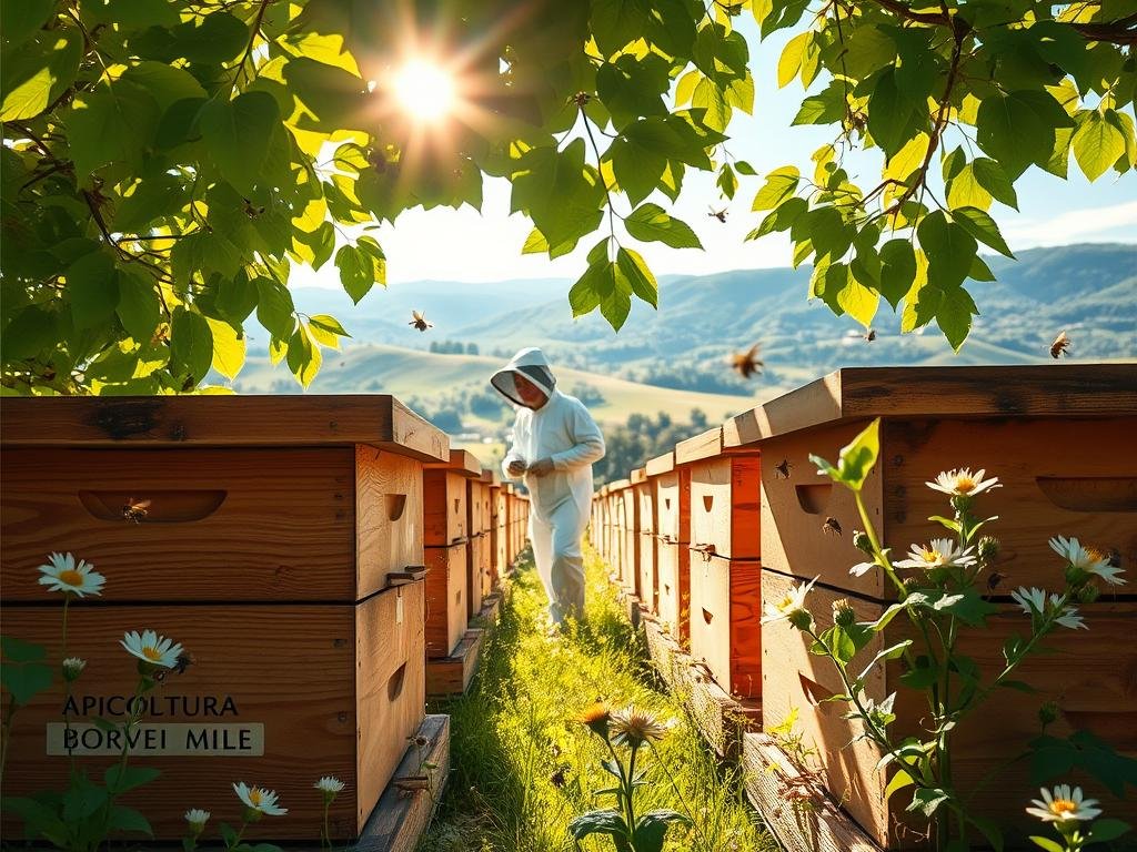 A lush, verdant apiary against a backdrop of rolling hills and a bright, azure sky. Sunlight filters through the leaves, casting a warm glow over the scene. In the foreground, a series of traditional wooden beehives bearing the "APICOLTURA BORVEI MIELE" brand stand proudly, their intricate textures and warm tones inviting closer inspection. Bees dart in and out, pollinating the surrounding wildflowers and lush vegetation. In the middle ground, a beekeeper in a crisp white suit carefully tends to the hives, exemplifying the care and dedication of the European apiculture industry. The overall composition conveys a sense of harmony, sustainability, and the vital role of bees in the European agricultural landscape.