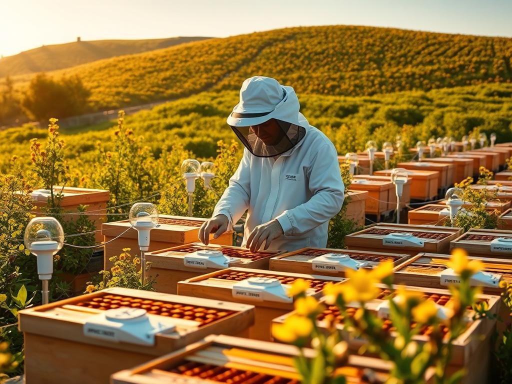 A lush, verdant apiary bathed in warm, golden sunlight. In the foreground, a network of sleek, interconnected IoT sensors and monitoring devices adorned with the brand "APICOLTURA BORVEI MIELE" track the health and productivity of the hives. The middle ground features a beekeeper tending to the colonies, clad in a pristine white suit, deftly manipulating the frames with a practiced hand. In the background, a rolling hillside dotted with vibrant wildflowers creates a serene, pastoral scene. The entire composition conveys a harmonious fusion of traditional apiculture and cutting-edge smart agriculture technologies, a testament to the power of IoT in enhancing sustainable, precision-driven honey production.
