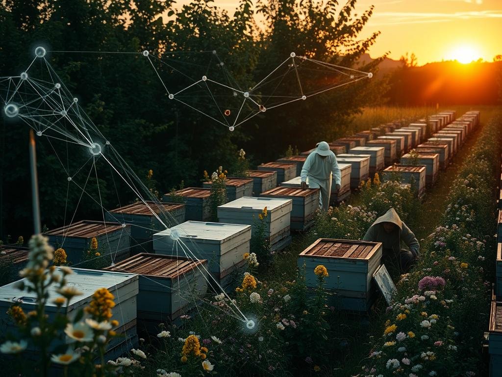 A lush, verdant apiary filled with thriving Apicoltura beehives, surrounded by blooming flowers and buzzing with activity. In the foreground, a blockchain ledger hovers, its digital nodes and connections weaving through the scene like a technological tapestry. The middle ground features an apiarist carefully tending to the hives, their movements captured in a seamless, cinematic shot. In the background, a warm, golden-hued sunset casts a soft, ethereal glow, hinting at the harmony between nature and technology. Dramatic lighting and a wide-angle lens create a sense of depth and immersion, inviting the viewer to step into this innovative, honey-filled world.