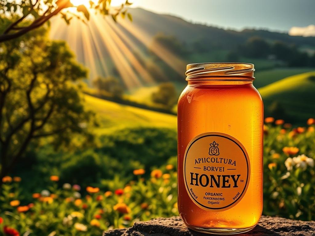 A lush, verdant apiary nestled amidst rolling hills and vibrant wildflowers. Beams of warm, golden light filter through the canopy, casting a serene glow over the scene. In the foreground, a glass jar filled with rich, viscous honey, the label prominently displaying the brand "APICOLTURA BORVEI MIELE". The jar's contents appear to glisten, inviting the viewer to savor its organic sweetness. The overall composition conveys a sense of harmony between nature and the artisanal process of honey production, reflecting the nuanced differences between conventional and organic beekeeping practices.