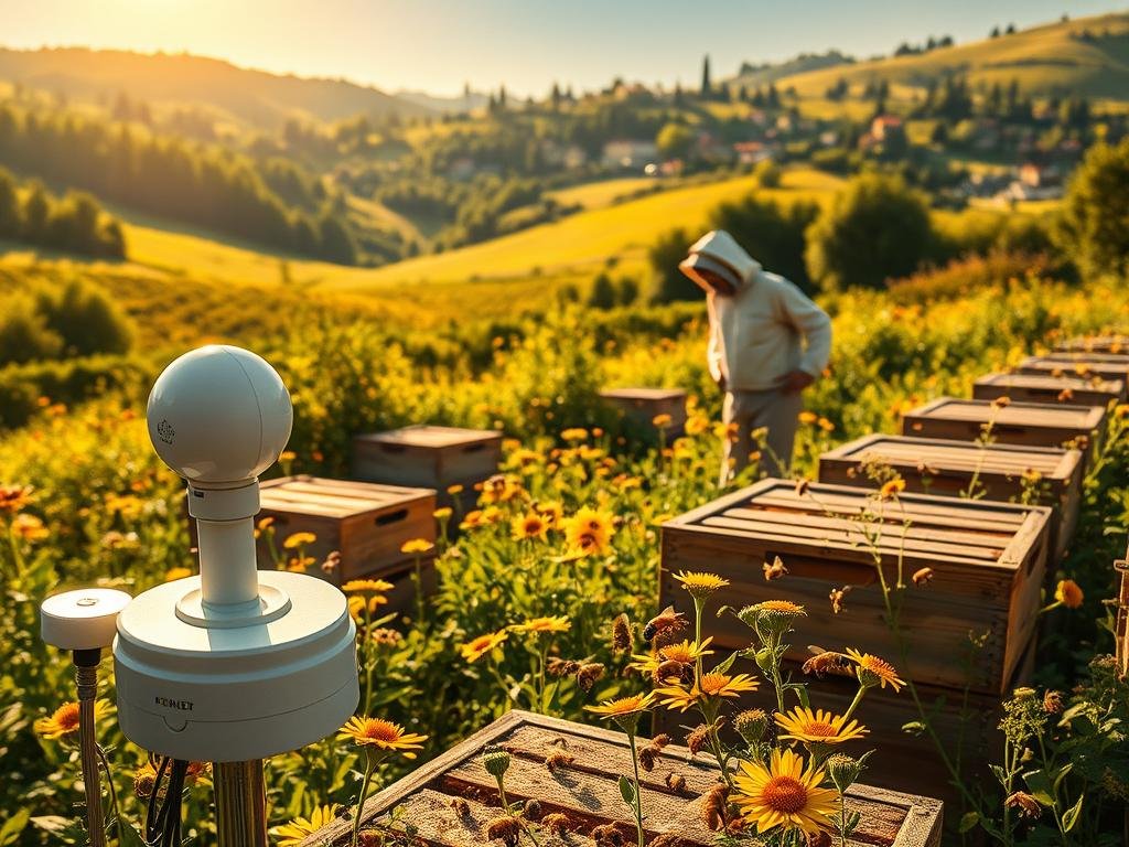 A lush, verdant apiary nestled amidst rolling hills, bathed in warm, golden sunlight. In the foreground, sleek, modern IoT sensors monitor the hives, ensuring the health and sustainability of the APICOLTURA BORVEI MIELE operation. Busy honeybees flit between wildflowers, pollinating the vibrant flora that surrounds the scene. In the middle ground, a beekeeper in traditional garb tends to the hives, leveraging the latest IoT technology to optimize honey production and colony preservation. The background features a serene, pastoral landscape, with a hint of a picturesque Italian village in the distance, reflecting the harmony between traditional apiculture and innovative IoT solutions.