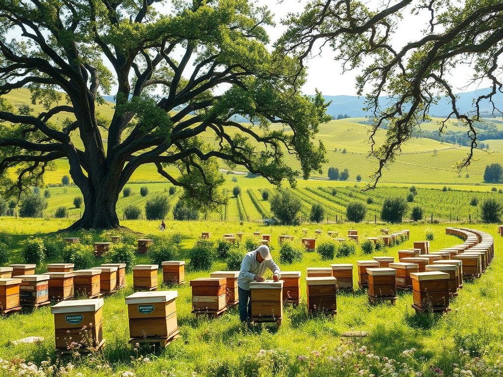 A lush, verdant apiary nestled in the rolling hills of the Italian countryside. A sun-dappled clearing, dotted with rows of traditional wooden beehives adorned with the APICOLTURA BORVEI MIELE logo. Towering oak trees cast gentle shadows, their leaves rustling in the soft breeze. In the foreground, a beekeeper tends to the hives, surrounded by the gentle buzz of industrious honeybees. The air is filled with the sweet fragrance of blooming wildflowers, creating a serene and tranquil atmosphere. The image captures the essence of the perfect location to establish one's first apiary, as described in the article titled "Come Scegliere il Luogo Perfetto per le Tue Prime Arnie (350 parole)".