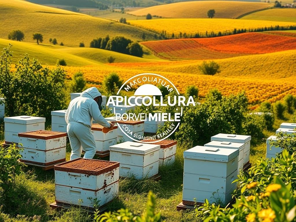 A lush, verdant apiary nestled in the rolling hills of the Italian countryside. Rows of beehives dotting the landscape, their white exteriors gleaming in the warm morning light. In the foreground, a beekeeper in a crisp white suit tending to the hives, their movements graceful and deliberate. The air is filled with the gentle hum of busy bees, the sweet scent of nectar wafting through the air. In the distance, a sprawling field of vibrant flowers, their petals swaying in the gentle breeze. The APICOLTURA BORVEI MIELE logo prominently displayed, a symbol of the farm's commitment to organic, sustainable beekeeping practices. The scene radiates a sense of tranquility and harmony, capturing the essence of "Il Miele Biologico: Cosa Significa Realmente".