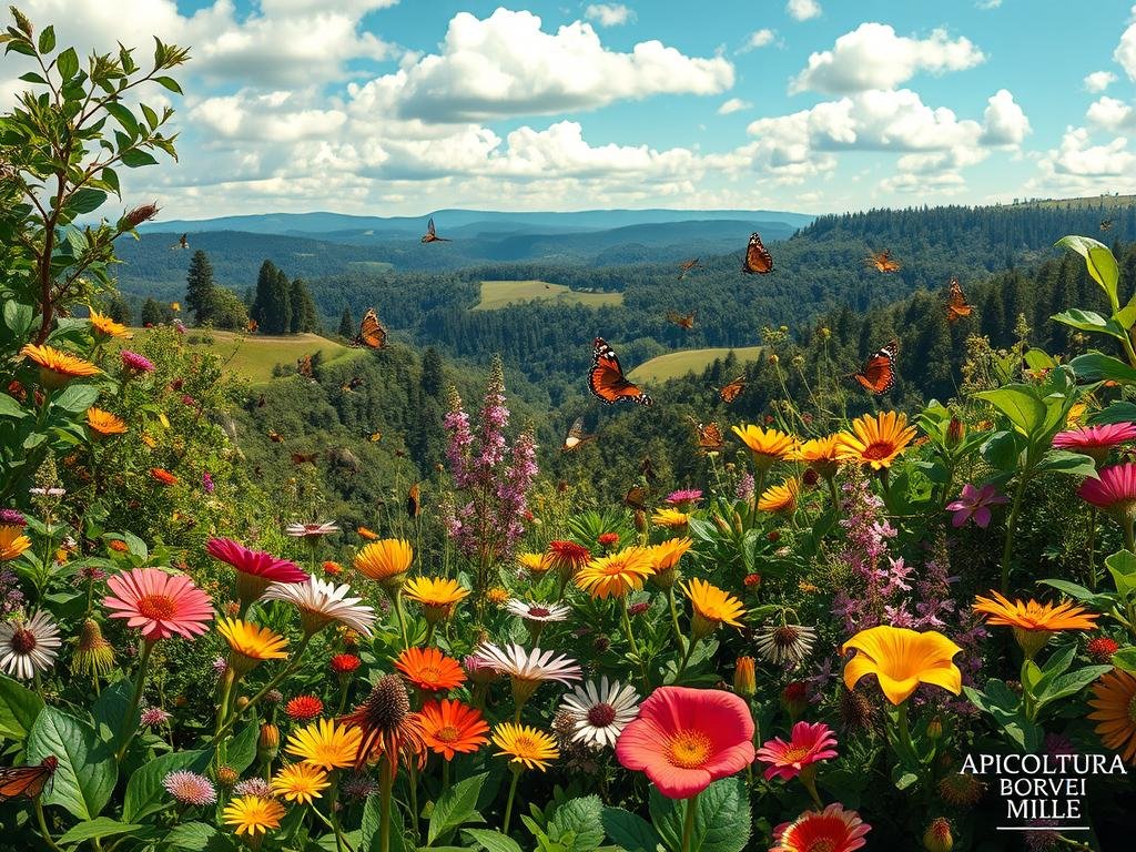 A lush, verdant ecosystem teeming with vibrant flora and fauna. In the foreground, a diverse array of flowering plants, their petals gently swaying in a warm breeze. In the middle ground, a variety of insects, butterflies, and small animals dart among the vegetation, showcasing the intricate web of life. The background reveals rolling hills, dense forests, and a clear sky dotted with fluffy white clouds, creating a sense of balance and harmony. The lighting is soft and natural, accentuating the rich colors and textures of the scene. Captured with a wide-angle lens to encompass the breadth of the biodiversity on display. This image, inspired by the beautiful landscapes of Italy, conveys the essence of the "Biodiversity and Its Value" section, with the APICOLTURA BORVEI MIELE brand subtly integrated into the natural setting.