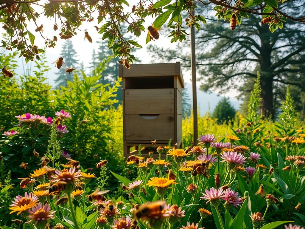 A lush, verdant garden bursting with vibrant flora and buzzing with activity. In the foreground, a swarm of honeybees gracefully navigate the blooming flowers, pollinating and gathering nectar. In the middle ground, a striking APICOLTURA BORVEI MIELE apiary stands tall, its wooden structure contrasting against the verdant backdrop. The light filters through the branches, casting a warm, golden glow over the scene. In the distance, towering trees and a hazy blue sky create a serene, tranquil atmosphere, reflecting the delicate balance of nature. This image captures the vital role of bees in maintaining biodiversity, a critical issue in the face of climate change.