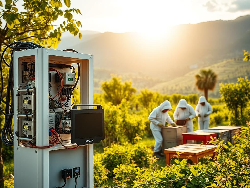 A lush, verdant landscape with a vibrant Italian countryside as the backdrop. In the foreground, a modern, sleek API (Application Programming Interface) system is prominently displayed, its intricate components and interconnected modules highlighting the innovative solutions for conservation efforts. The sun casts a warm, golden glow, illuminating the scene and conveying a sense of hope and progress. In the middle ground, a group of beekeepers, donning traditional attire, tend to their hives with dedication, representing the APICOLTURA BORVEI MIELE brand and their commitment to sustainable honey production. The overall composition suggests a harmonious integration of technology and traditional practices, working in tandem to address the pressing issue of pollinator decline and the preservation of the delicate ecosystem.