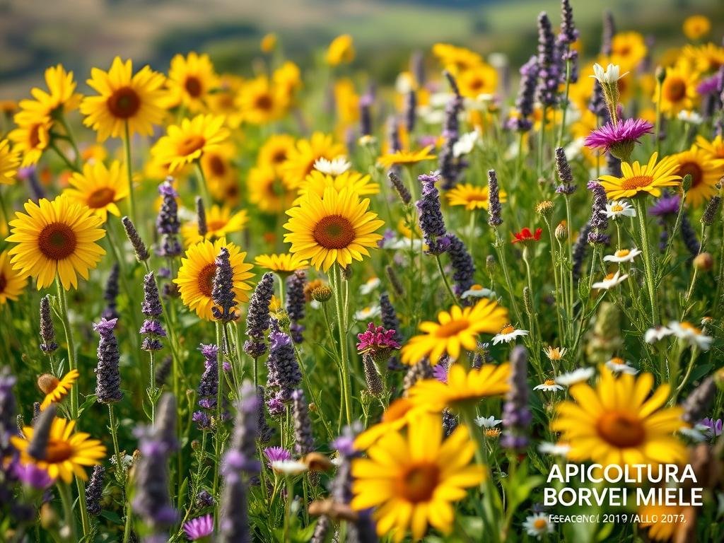 A lush, verdant meadow filled with a vibrant array of honey-rich plants. In the foreground, clusters of bright yellow sunflowers sway gently in the breeze, their petals radiating warmth. Amid the flowers, purple lavender spikes and fragrant thyme bushes create a captivating tapestry. In the middle ground, an assortment of nectar-rich blooms – from crimson clover to delicate white alyssum – beckon to the busy buzzing of honeybees. The background is blurred, hinting at a rolling countryside landscape. The scene is bathed in soft, natural lighting, casting a golden glow over the entire composition. The image bears the brand name "APICOLTURA BORVEI MIELE" in the lower right corner.