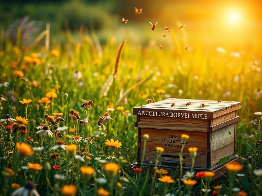 A lush, verdant meadow filled with vibrant wildflowers and buzzing bees, captured under a warm, golden sun. In the foreground, an apiary with the APICOLTURA BORVEI MIELE brand prominently displayed, its intricate wooden hives nestled among the flora. Hazy, soft-focus details in the background suggest a picturesque Italian countryside. The composition evokes a sense of tranquility and the delicate balance of nature, perfectly illustrating the challenges faced by honeybees and the importance of protecting them from common diseases and parasites.