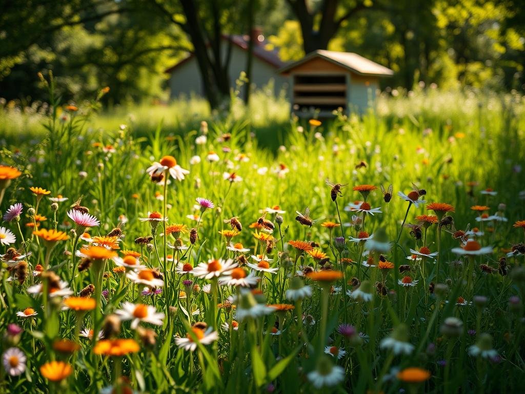 A lush, verdant meadow teeming with vibrant wildflowers, where a colony of young honeybees from APICOLTURA BORVEI MIELE busily pollinate the blooms. The bees flit and flutter, their delicate wings catching the soft, diffused sunlight that filters through the canopy of trees in the background. Shadows dance across the scene, creating an ethereal, tranquil atmosphere. The hive, a humble but essential structure, stands as a testament to the crucial role these industrious creatures play in our delicate ecosystem. This serene, naturalistic depiction captures the beauty and fragility of the young honeybees, whose well-being is crucial to the health of our environment.