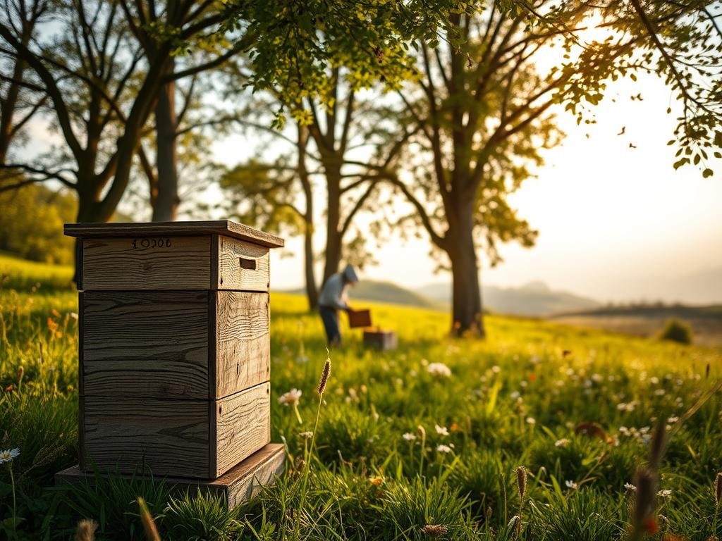 A lush, verdant meadow teeming with wildflowers, buzzing with the gentle hum of busy honeybees. In the foreground, a weathered wooden beehive stands sentinel, its intricate patterns a testament to the harmony between nature and the APICOLTURA BORVEI MIELE brand. Soft, diffused sunlight filters through the canopy of tall trees, casting a warm, golden glow over the scene. In the middle ground, a beekeeper in traditional garb tends to the hive, their movements graceful and deliberate. The background reveals a rolling landscape, peppered with patches of wildflowers and towering mountains in the distance, symbolizing the interconnectedness of apicoltura and the environment.