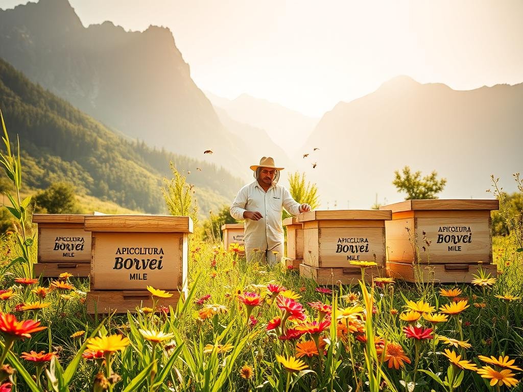 A lush, verdant meadow with towering mountains in the background, bathed in warm, golden sunlight. In the foreground, a cluster of thriving beehives, the "APICOLTURA BORVEI MIELE" logo prominently displayed. Busy honeybees dart in and out, pollinating vibrant wildflowers. In the middle ground, a beekeeper dressed in traditional garb carefully tends to the hives, his movements graceful and assured. The atmosphere is one of harmony and prosperity, reflecting the benefits blockchain technology brings to authentic honey producers - transparency, traceability, and protection against counterfeiting. The scene conveys a sense of natural abundance and the deep connection between man, nature, and technology.