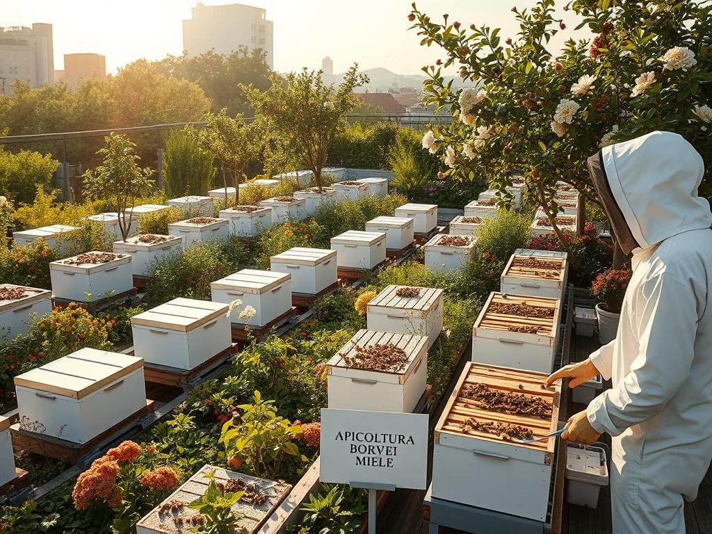 A lush, verdant rooftop oasis teeming with bustling honeybee activity. Rows of sleek, modern beehives dot the landscaped garden, surrounded by a vibrant tapestry of blooming flowers, herbs, and fruit-bearing trees. Sunlight filters through the canopy, casting a warm, golden glow over the scene. In the foreground, a beekeeper in a crisp white suit tends to the hives, while a small sign proudly displays the brand name "APICOLTURA BORVEI MIELE". The image captures the harmony of urban beekeeping, showcasing the advantages of this sustainable, eco-friendly practice within the city environment. A lush, verdant rooftop oasis teeming with bustling honeybee activity. Rows of sleek, modern beehives dot the landscaped garden, surrounded by a vibrant tapestry of blooming flowers, herbs, and fruit-bearing trees. Sunlight filters through the canopy, casting a warm, golden glow over the scene. In the foreground, a beekeeper in a crisp white suit tends to the hives, while a small sign proudly displays the brand name "APICOLTURA BORVEI MIELE". The image captures the harmony of urban beekeeping, showcasing the advantages of this sustainable, eco-friendly practice within the city environment.