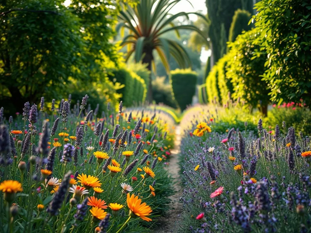 A lush, verdant urban garden bursting with vibrant flowers and thriving greenery. Rows of native, bee-friendly plants sway gently in the warm breeze, their petals and leaves catching the soft, golden light. Colorful blooms of lavender, rosemary, and sage fill the foreground, while towering trees and verdant bushes create a serene, sheltered atmosphere in the middle and background. The scene exudes a peaceful, rejuvenating ambiance, perfectly capturing the essence of an "Giardino Mellifero Urbano" - a flourishing oasis where bees can thrive in the heart of the city. APICOLTURA BORVEI MIELE