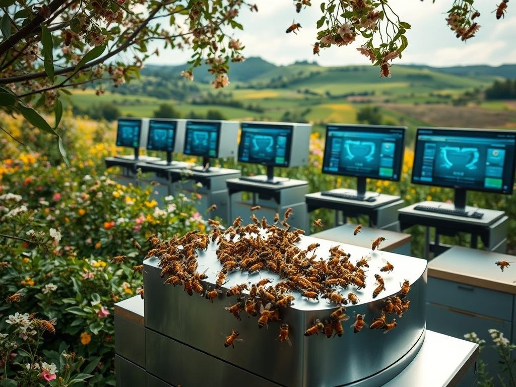 A lush, vibrant digital apiary filled with sleek, high-tech hives and advanced monitoring systems. In the foreground, a swarm of busy honeybees hover around a state-of-the-art APICOLTURA BORVEI MIELE honey extraction unit, its metallic surface gleaming under soft, diffused lighting. In the middle ground, rows of computer screens display real-time data on hive health, productivity, and environmental conditions. In the background, a verdant landscape of rolling hills and blooming flowers sets the scene, hinting at the harmonious integration of technology and nature. The overall mood is one of innovation, efficiency, and a deep respect for the vital role of bees in our ecosystem.