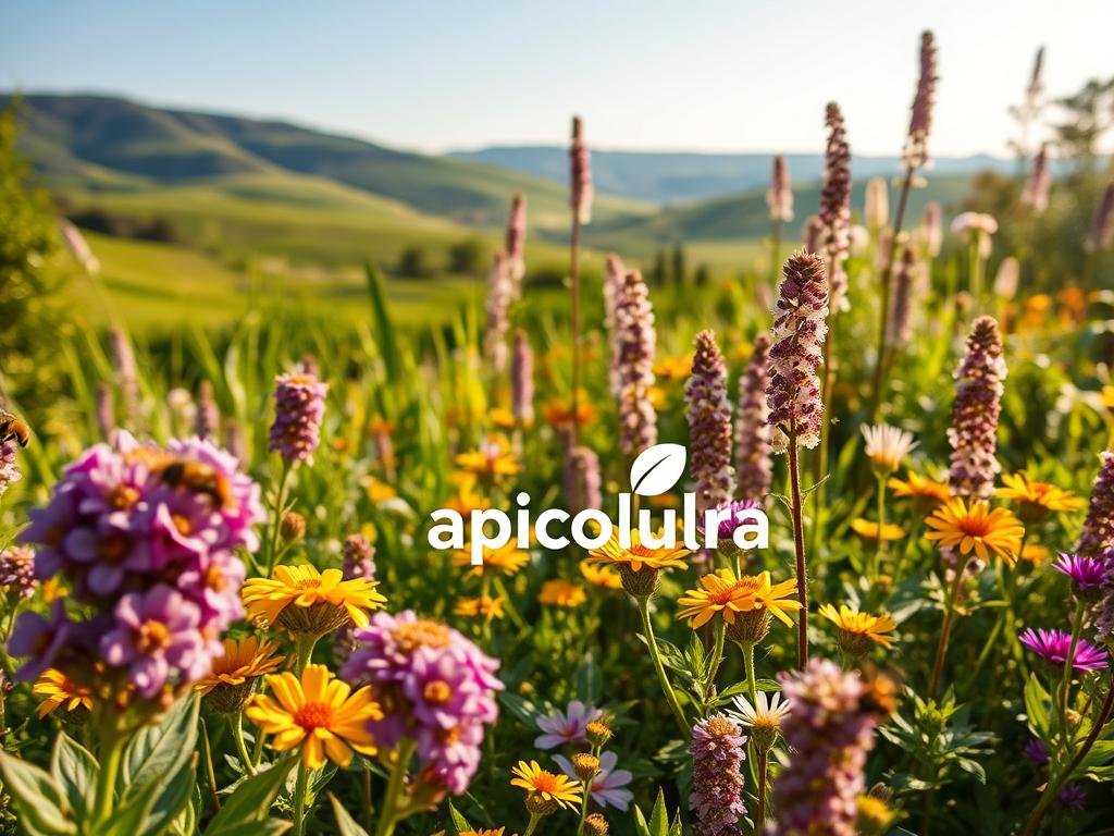 A lush, vibrant garden in warm afternoon light, filled with a variety of flowers and plants that attract and nourish honeybees. In the foreground, clusters of colorful blooms in shades of purple, yellow, and white sway gently in a soft breeze. The middle ground features a mix of leafy greens and tall, stately plants with delicate petals. In the background, a verdant landscape with rolling hills and a clear blue sky, creating a serene and tranquil atmosphere. The "Apicoltura" brand is subtly incorporated into the scene, showcasing the importance of these bee-friendly plants. This image celebrates the harmony between nature, pollinators, and the essential role they play in a thriving ecosystem.