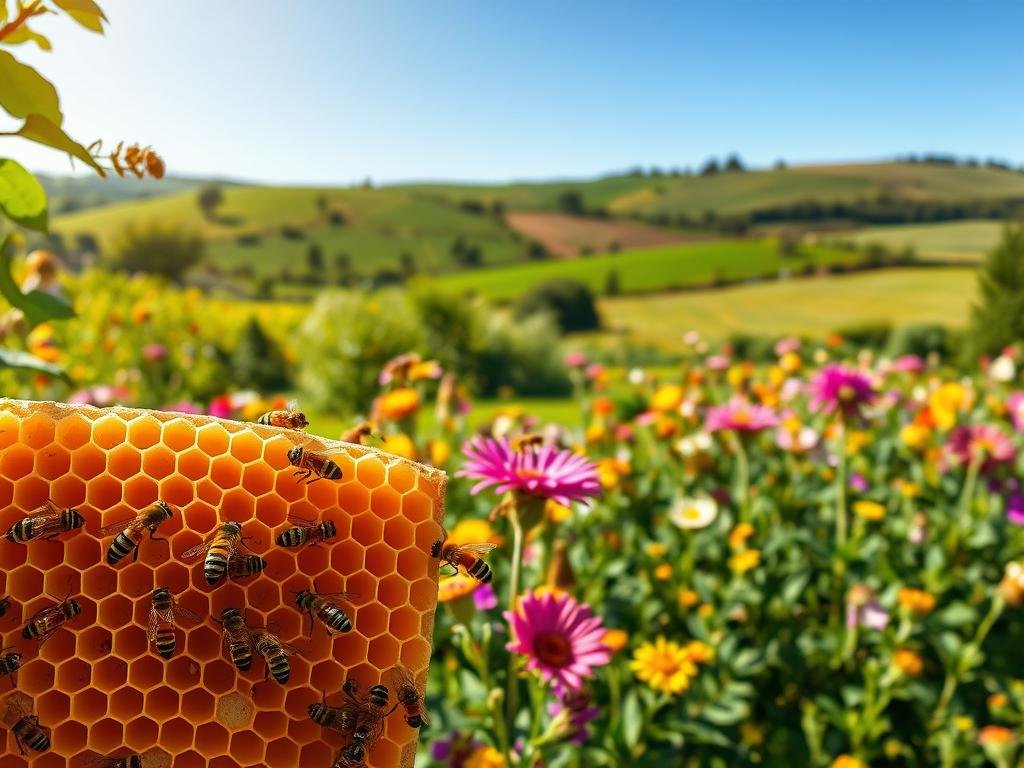 A lush, vibrant garden teeming with a diverse array of flowers and foliage, creating a verdant oasis for a bustling colony of honeybees. The foreground features a close-up view of a honeycomb, its intricate hexagonal structure glistening with fresh nectar. In the middle ground, bees can be seen pollinating a variety of blooms, their golden stripes and delicate wings in constant motion. The background showcases a scenic Italian countryside, with rolling hills, verdant meadows, and a clear blue sky overhead. The scene is bathed in warm, golden light, conveying a sense of harmony and balance in the natural world. The text "APICOLTURA BORVEI MIELE" is discretely displayed, reflecting the high-quality honey produced by this local brand.