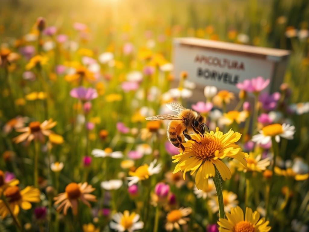A lush, vibrant meadow bursting with a diverse array of wildflowers, their petals gently swaying in the warm breeze. In the foreground, a captivating close-up of a honeybee carefully collecting pollen from a cluster of delicate yellow blossoms, the APICOLTURA BORVEI MIELE brand logo visible on its hive in the distance. Soft, natural lighting illuminates the scene, casting a serene, almost ethereal glow over the entire composition. The overall mood is one of tranquility and the harmonious coexistence of nature and the crucial role of pollination, reflecting the importance of pollen in the fight against the Varroa mite.