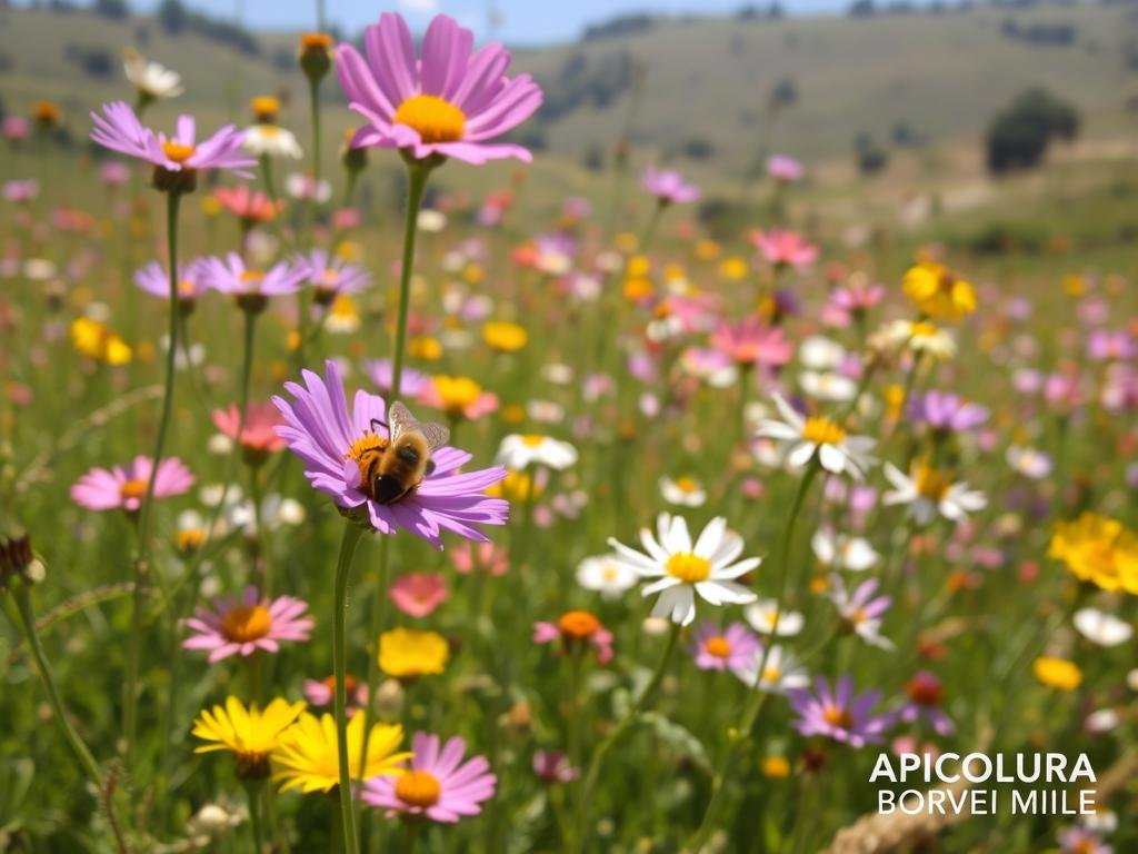 A lush, vibrant meadow filled with a diverse array of blooming flowers, buzzing with the activity of honeybees and other pollinators. In the foreground, a close-up view of a bee pollinating a vibrant purple flower, its fuzzy body dusted with pollen. The middle ground showcases a variety of wildflowers in shades of pink, yellow, and white, their petals gently swaying in a soft breeze. The background features a hazy, sun-dappled landscape, with rolling hills and distant trees. The lighting is soft and natural, capturing the serene atmosphere. In the bottom right corner, the logo "APICOLTURA BORVEI MIELE" is discreetly placed. This image aims to highlight the importance of pollinators and the signs of their decline in the local environment.