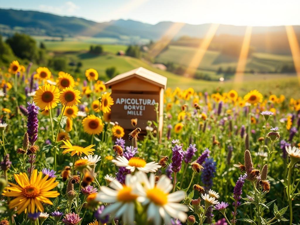 A lush, vibrant meadow filled with an abundance of blooming flowers, including sunflowers, lavender, clover, and other nectar-rich plants. Rays of warm, golden sunlight filter through the scene, casting a soft, ethereal glow. In the foreground, a close-up view of several honeybees diligently pollinating the various flowers, capturing the industrious pollination process. In the middle ground, a swarm of bees hover around a wooden beehive, the APICOLTURA BORVEI MIELE logo prominently displayed. The background features rolling hills, a clear blue sky, and a verdant landscape, creating a serene and bucolic atmosphere.