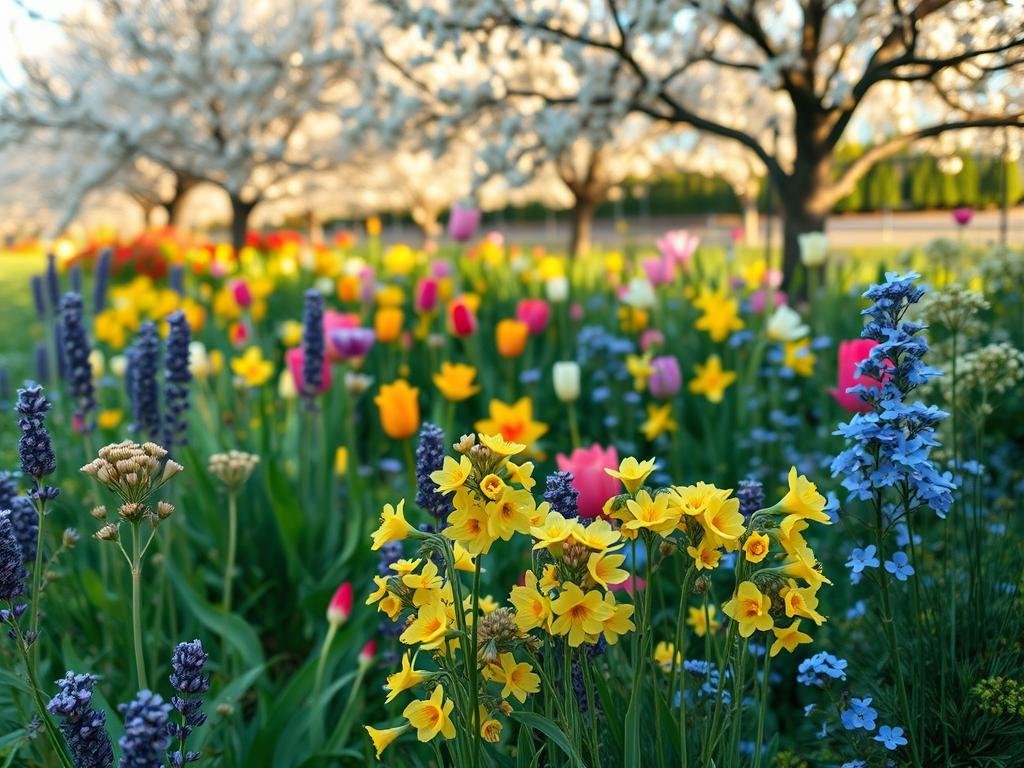A lush, vibrant springtime scene of a variety of blooming nectar-rich plants, perfect for urban beekeepers. In the foreground, clusters of delicate primrose and lavender flowers sway gently in a soft breeze. The middle ground features a mix of colorful tulips, daffodils, and forget-me-nots, their petals catching the warm, golden light. In the background, a row of flowering fruit trees, their white and pink blossoms creating a dreamy, romantic atmosphere. The overall scene is captured with a shallow depth of field, emphasizing the beauty and diversity of these springtime bee-friendly plants. APICOLTURA BORVEI MIELE