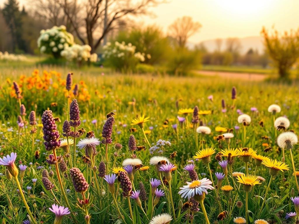 A lush, vibrant springtime scene showcasing an array of "Piante Primaverili per le Api" (Spring Plants for Bees). In the foreground, a delicate field of colorful wildflowers - including lavender, clover, and dandelions - all buzzing with the busy activity of honeybees from "Apicoltura". The middle ground reveals a small wooded area with flowering trees and shrubs, their blossoms providing a rich nectar source. In the background, a warm, hazy sky with soft, golden light filtering through, creating a serene, natural atmosphere. The composition is balanced, with the plants and bees taking center stage, capturing the essence of this important springtime food source for pollinators.