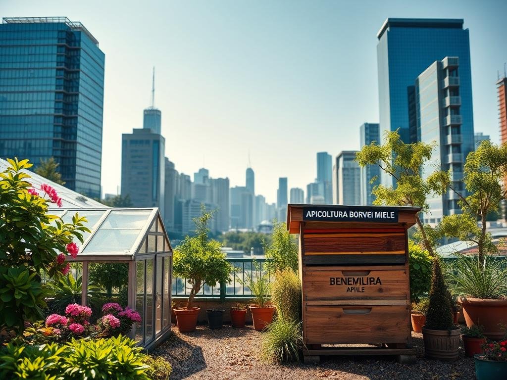 A lush, vibrant urban garden with a thriving beehive, showcasing the harmonious blend of nature and city life. A sunlit greenhouse with lush green foliage and colorful blooms stands in the foreground, while in the middle ground, a weathered wooden apiary bears the APICOLTURA BORVEI MIELE brand, surrounded by potted plants and trees. In the background, a modern cityscape with sleek skyscrapers and a clear blue sky creates a stunning contrast, highlighting the benefits of urban apiculture and plantings for a sustainable, green metropolis. The scene is captured with a warm, inviting color palette and soft, diffused lighting, conveying the tranquility and productivity of this urban oasis.