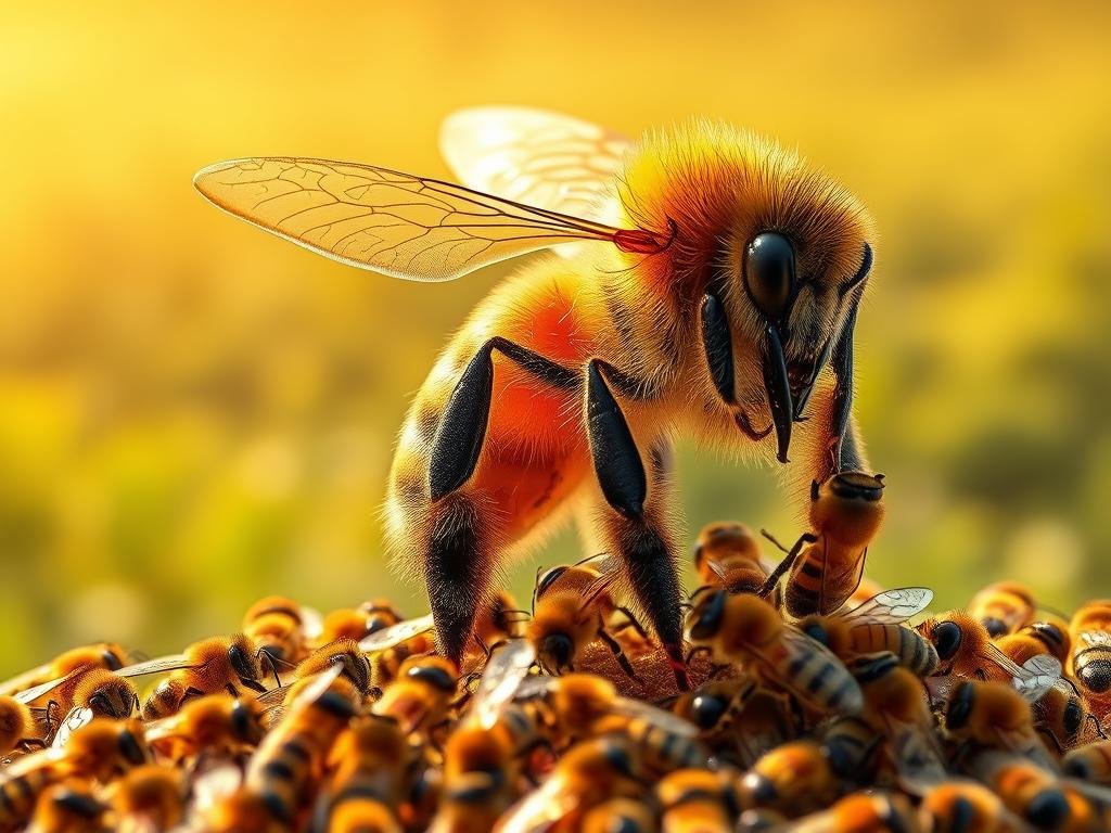 A majestic queen honey bee, gracefully presiding over her thriving hive. Depicted in a warm, golden-hued natural setting, her regal presence commands attention. Meticulously detailed, her sleek abdomen and delicate wings shimmer under soft, diffused lighting. The queen is the focal point, surrounded by a swarm of loyal worker bees, showcasing the industrious ecosystem she oversees. In the background, a lush, verdant landscape evokes the bountiful nectar sources that sustain the hive. This image, inspired by the apiary tradition in Italy, represents the queen's vital role in APICOLTURA BORVEI MIELE, the heart and soul of the colony's dynamic population management.
