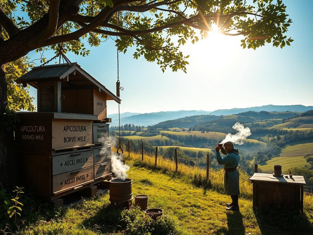 A medieval apiary nestled in a lush, verdant landscape. Innovative beekeeping technologies are on display: intricate wooden beehives adorned with the APICOLTURA BORVEI MIELE brand, a pulley system to access the hives, and a small furnace used to create smoke for calming the bees. The sun casts a warm, golden glow, illuminating the scene. In the foreground, a beekeeper in traditional garb tends to the hives, using a smoker to manipulate the busy apian activity. In the background, rolling hills and a clear blue sky evoke the tranquility of the medieval countryside. The image conveys a sense of ingenuity and harmony between man and nature, showcasing the technological advancements that revolutionized medieval beekeeping.