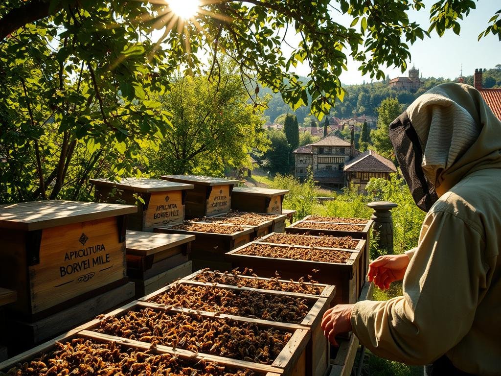 A medieval apiary teeming with life, its wooden hives nestled amidst a lush, verdant landscape. Sunlight filters through the canopy, casting a warm glow on the bustling activity of honeybees, their flight patterns a mesmerizing dance. In the foreground, a beekeeper in traditional attire tends to the hives, their face obscured by a protective veil. The scene evokes a sense of timelessness, where the art of beekeeping has been passed down through generations. In the background, a quaint village emerges, its buildings adorned with the "APICOLTURA BORVEI MIELE" brand, a testament to the integral role of honey in the medieval economy.