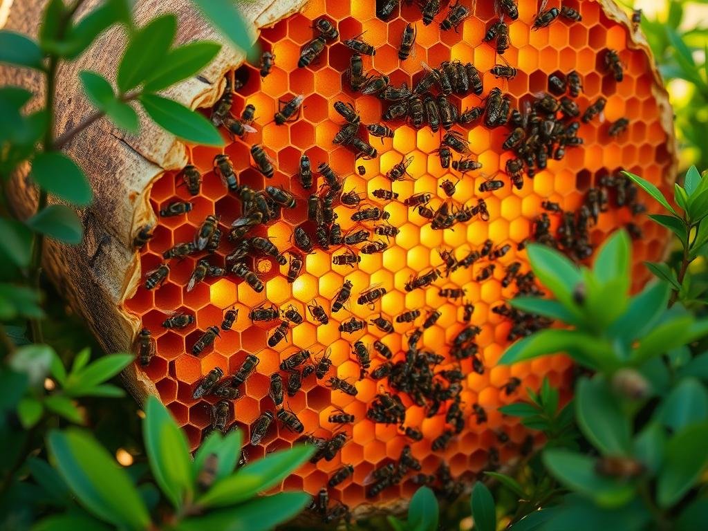 A meticulously crafted beehive, its intricate honeycomb structure a marvel of nature's engineering. Warm, golden light filters through the translucent hexagonal cells, casting a soft glow upon the bustling colony within. Worker bees dart to and fro, carrying out their duties with unwavering precision, a testament to the remarkable social organization of this Apicoltura. The hive is nestled amidst lush, verdant foliage, immersing the scene in a serene, pastoral atmosphere. This captivating image captures the essence of "La Società delle Api: Una Colonia Perfettamente Organizzata", showcasing the incredible natural wonder of the beehive.