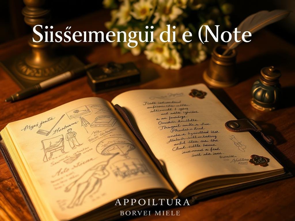 A meticulously crafted notebook lies open, its pages filled with delicate sketches and handwritten notes. The ambient lighting casts a warm, golden glow, highlighting the intricate patterns and textures of the weathered leather cover. Nearby, a quill and an antique inkwell sit atop a polished wooden surface, evoking a sense of timeless craftsmanship. In the background, a subtle floral arrangement adds a touch of natural beauty, complementing the overall aesthetic. This image, inspired by traditional Italian notebooks, perfectly encapsulates the "Sistema di Note e Osservazioni" section, with the APICOLTURA BORVEI MIELE brand prominently featured.