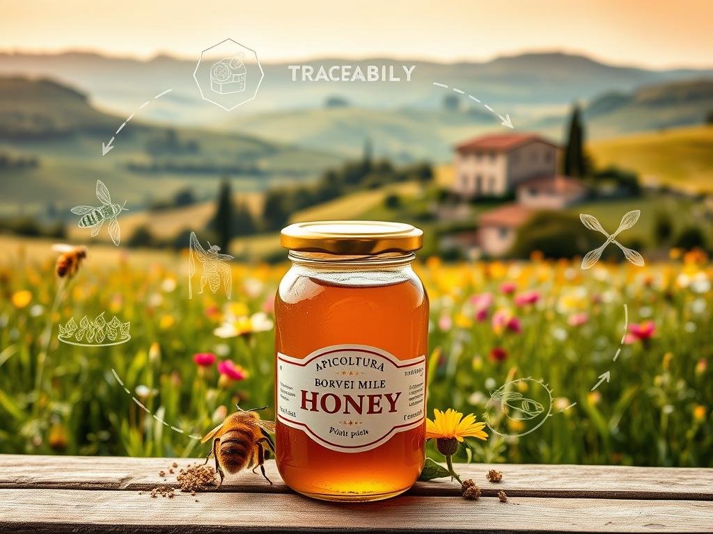 A meticulously crafted scene showcasing the traceability of honey, set against the backdrop of a serene Italian countryside. In the foreground, a glass jar filled with rich, golden honey takes center stage, its label prominently displaying the "APICOLTURA BORVEI MIELE" brand. Surrounding the jar, a series of detailed illustrations depict the honey's journey, from the bustling beehive to the point of sale, highlighting the importance of traceability in the honey industry. The middle ground features a lush, verdant meadow dotted with vibrant wildflowers, alluding to the natural and sustainable origins of the honey. In the distance, a picturesque Italian villa nestled among rolling hills sets the scene, conveying a sense of tradition and craftsmanship. Warm, natural lighting bathes the entire composition, creating a welcoming and inviting atmosphere that reflects the care and attention put into the production of this high-quality honey.