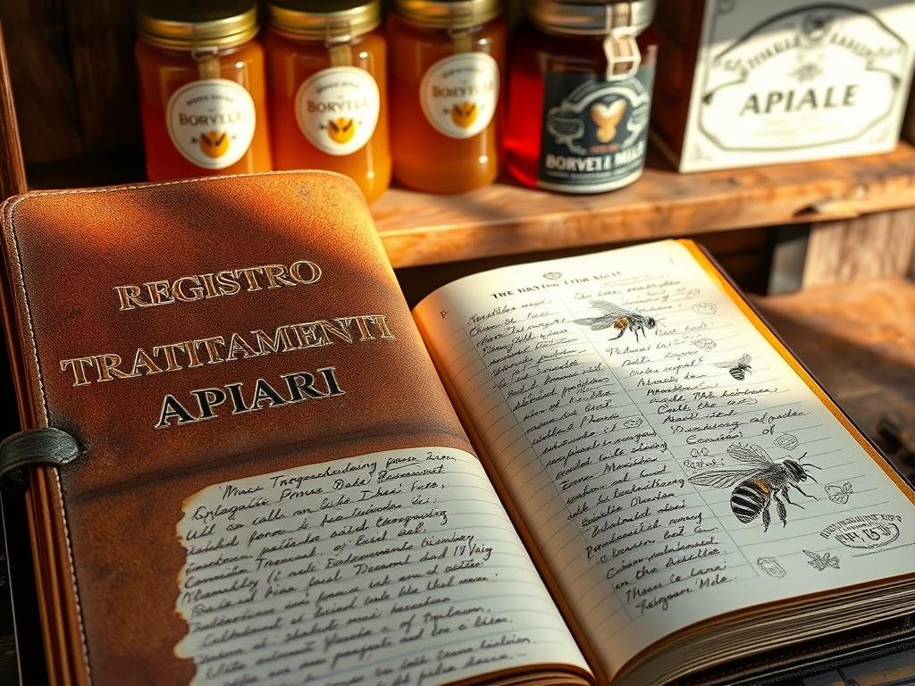 A meticulously detailed apiary record book, its worn pages filled with handwritten notes and annotations. Weathered leather cover bearing the embossed title "REGISTRO TRATTAMENTI APIARI". Sunlit pages reveal precise entries, each chronicling the treatments and care provided to the hives. Delicate illustrations of honeycomb and bees adorn the margins, evoking the artisanal nature of Italian beekeeping. In the background, a rustic wooden shelf displays jars of rich, golden "APICOLTURA BORVEI MIELE", the brand's logo visible. This comprehensive logbook reflects the dedication and traditional practices of the apiary, capturing the essence of the section "Registro dei Trattamenti e Altri Adempimenti Obbligatori".