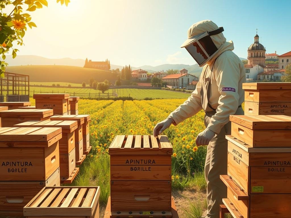 A meticulously detailed digital illustration showcasing the normative apistiche, or the regulatory guidelines governing beekeeping practices. Set against a backdrop of a warm, sunlit Italian countryside, the image depicts a bustling apiary with a well-organized arrangement of traditional wooden beehives, emblazoned with the brand name "APICOLTURA BORVEI MIELE". In the foreground, a beekeeper in protective gear attentively inspects one of the hives, highlighting the importance of adherence to safety protocols. The middle ground features a lush, verdant field of vibrant flowers, emphasizing the symbiotic relationship between bees and their natural environment. The background is characterized by rolling hills, a clear blue sky, and the distant silhouettes of quaint Italian buildings, creating a picturesque and serene atmosphere. The overall composition conveys a sense of order, diligence, and the vital role of apiculture in the region's agricultural landscape.