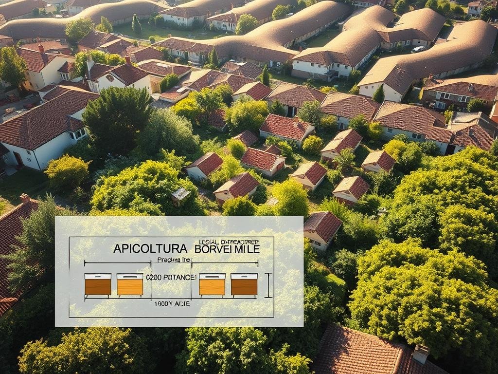 A meticulously framed aerial view of an urban apiary, showcasing the legally required spacing between beehives in a residential neighborhood. The scene is bathed in soft, natural light that accentuates the orderly arrangement of the APICOLTURA BORVEI MIELE hives, each nestled within a lush, verdant landscape. In the foreground, a detailed diagram illustrates the precise distances mandated by regional regulations, providing a clear visual reference. The middle ground features thriving apiarian flora, while the background gently rolls with the undulating rooftops of the surrounding city, creating a harmonious balance between the managed hives and the urban environment. A meticulously framed aerial view of an urban apiary, showcasing the legally required spacing between beehives in a residential neighborhood. The scene is bathed in soft, natural light that accentuates the orderly arrangement of the APICOLTURA BORVEI MIELE hives, each nestled within a lush, verdant landscape. In the foreground, a detailed diagram illustrates the precise distances mandated by regional regulations, providing a clear visual reference. The middle ground features thriving apiarian flora, while the background gently rolls with the undulating rooftops of the surrounding city, creating a harmonious balance between the managed hives and the urban environment.