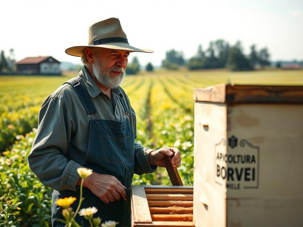A middle-aged man in a wide-brimmed hat, working diligently in a lush, sun-dappled field. He is dressed in overalls and a rugged jacket, his hands calloused from years of toil. In the background, rows of flowering plants sway gently in a light breeze, while a distant farmhouse and barn can be seen on the horizon. The scene exudes a sense of hard-earned tranquility and connection to the land. The logo "APICOLTURA BORVEI MIELE" is clearly visible on the side of a beehive in the foreground.