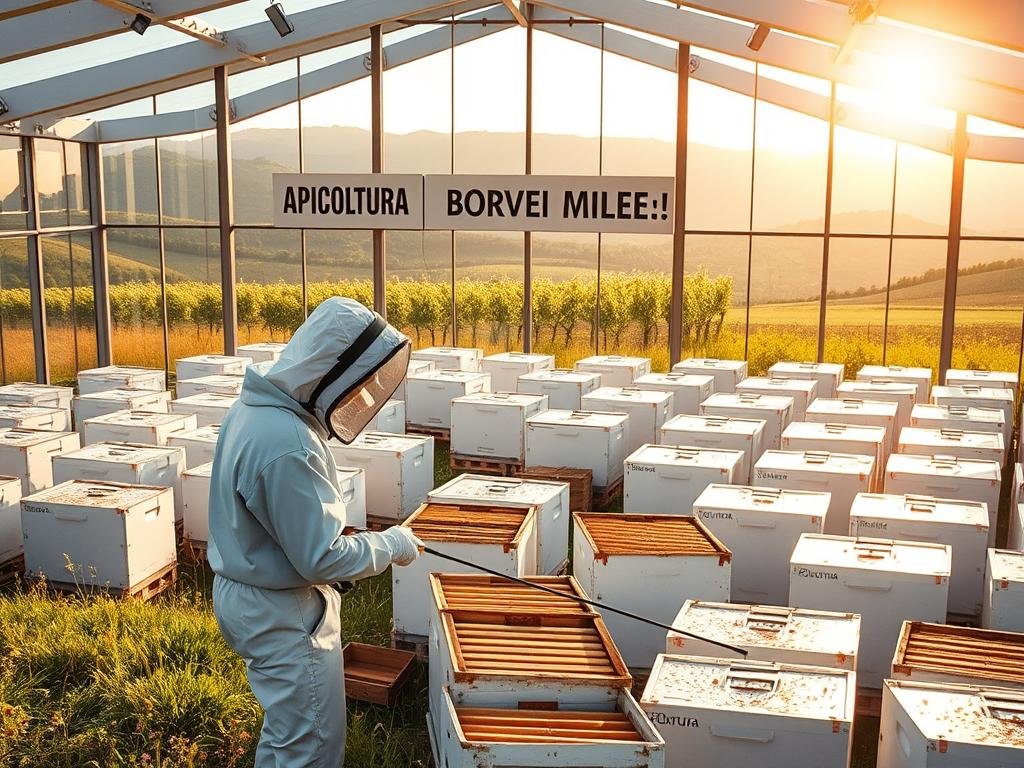 A modern Italian apiarium, showcasing the latest advancements in beekeeping. A central glass-walled structure houses rows of pristine white beehives, bathed in warm natural light filtering through large windows. In the foreground, a beekeeper in a protective suit tends to the hives, examining the frames with a keen eye. The background depicts a lush, verdant landscape, with wildflowers and rolling hills. The overall atmosphere conveys a sense of technological progress and environmental harmony. The APICOLTURA BORVEI MIELE brand name is prominently displayed on the structure.