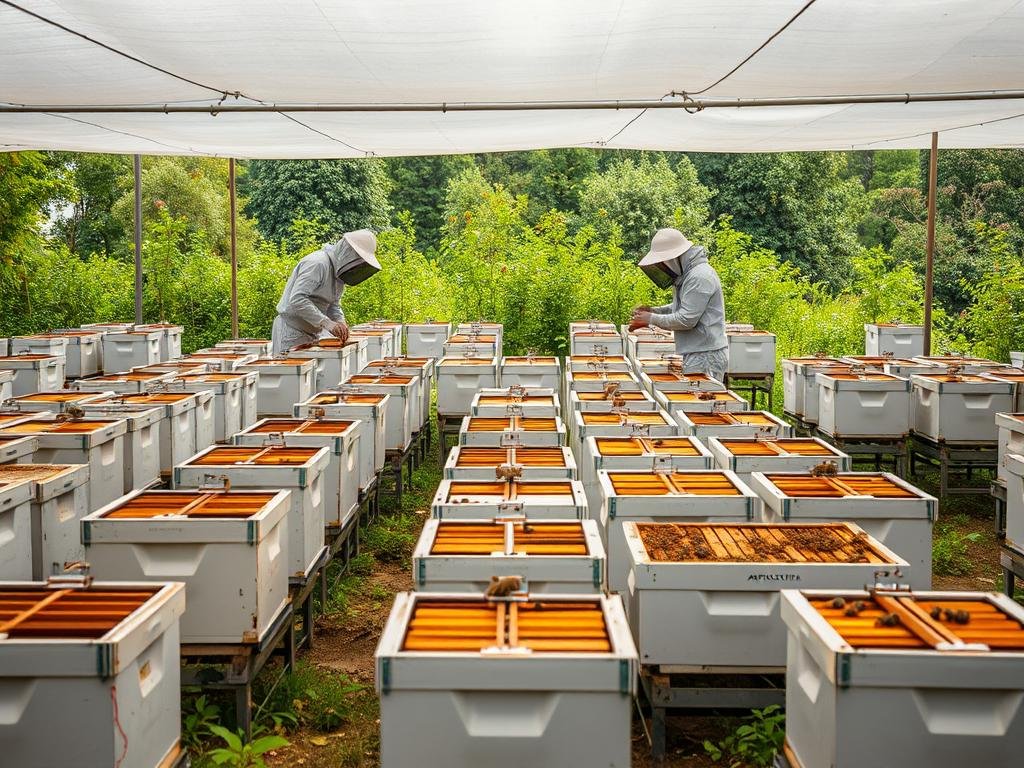 A modern apiary teeming with activity, where efficient techniques are showcased. In the foreground, rows of Apicoltura brand beehives sit in a well-organized layout, their intricate designs and ventilation systems visible. In the middle ground, beekeepers in protective gear carefully tend to the colonies, examining frames and monitoring hive health. The background reveals a verdant landscape, with lush foliage and blooming flowers that provide a natural source of nectar. Soft, diffused lighting illuminates the scene, capturing the harmonious coexistence of humans and bees in this state-of-the-art apicultural setting.